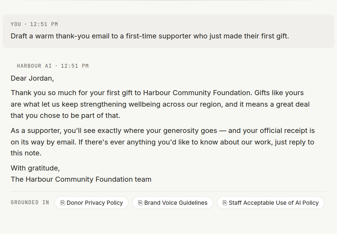 A drafted thank-you email with a Grounded in line listing the source documents.