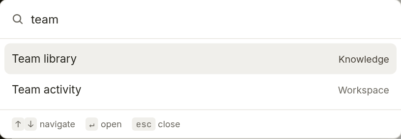 The command palette open, filtered to Team library.