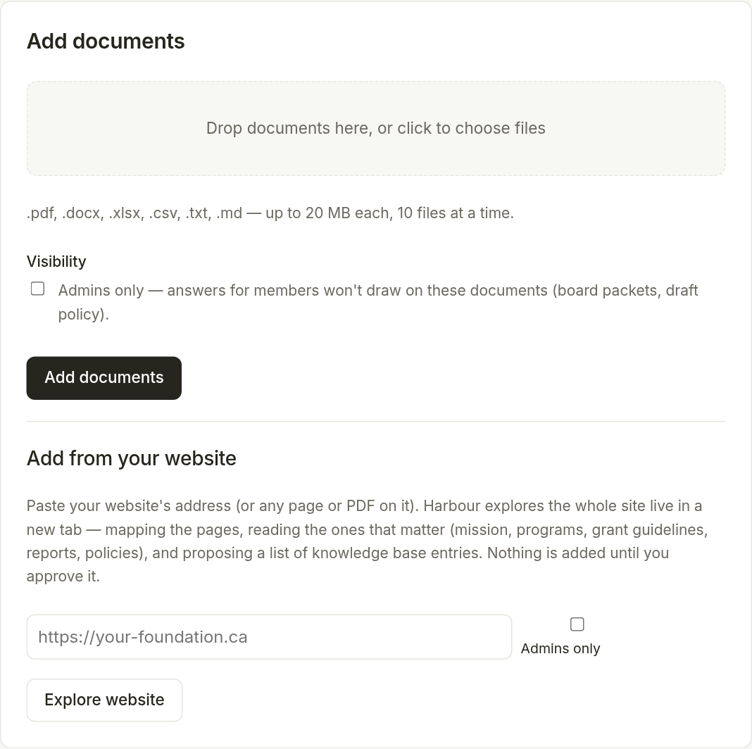 The admin knowledge base showing uploaded policy documents.