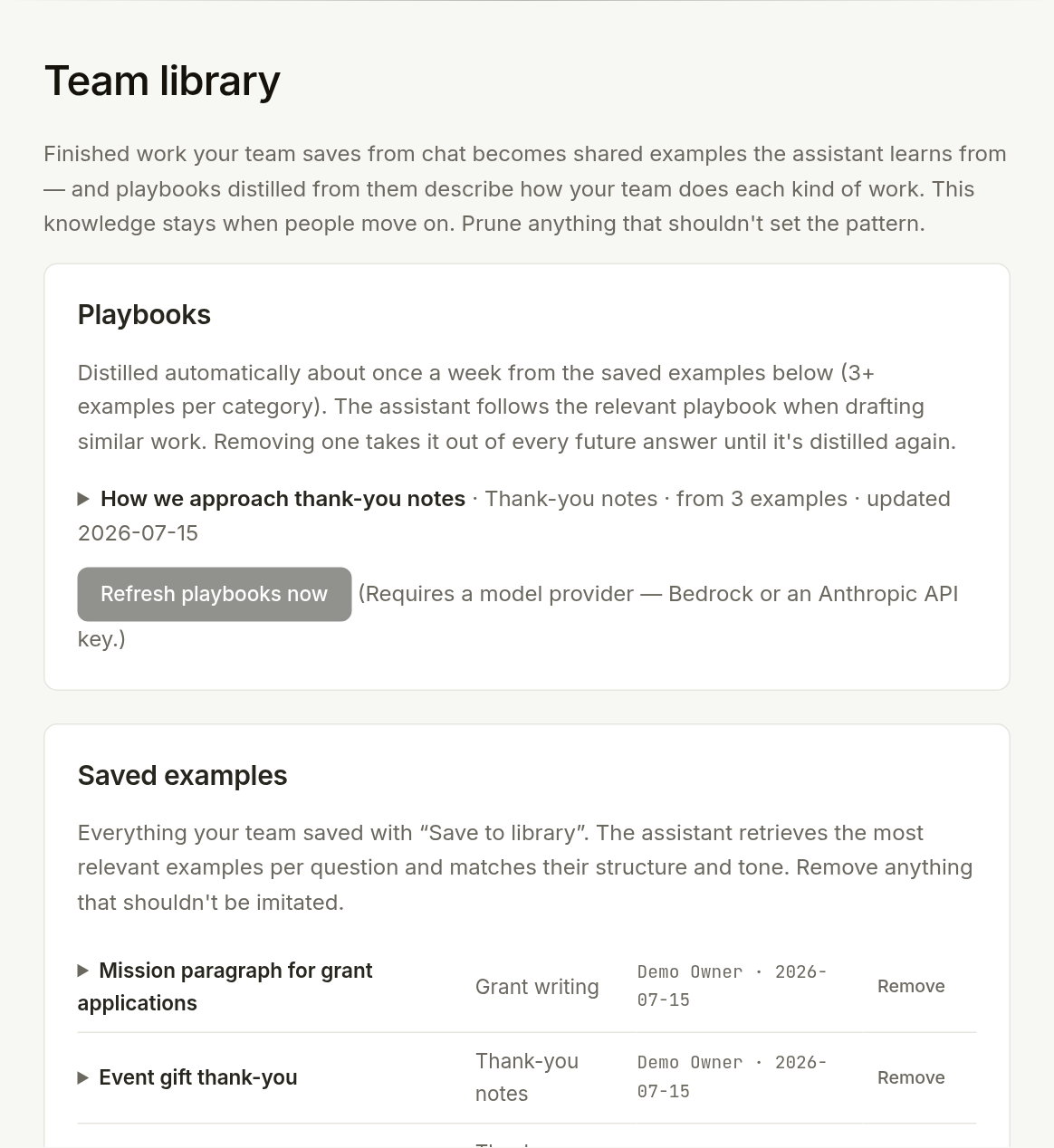 The team library showing a distilled playbook and saved examples.