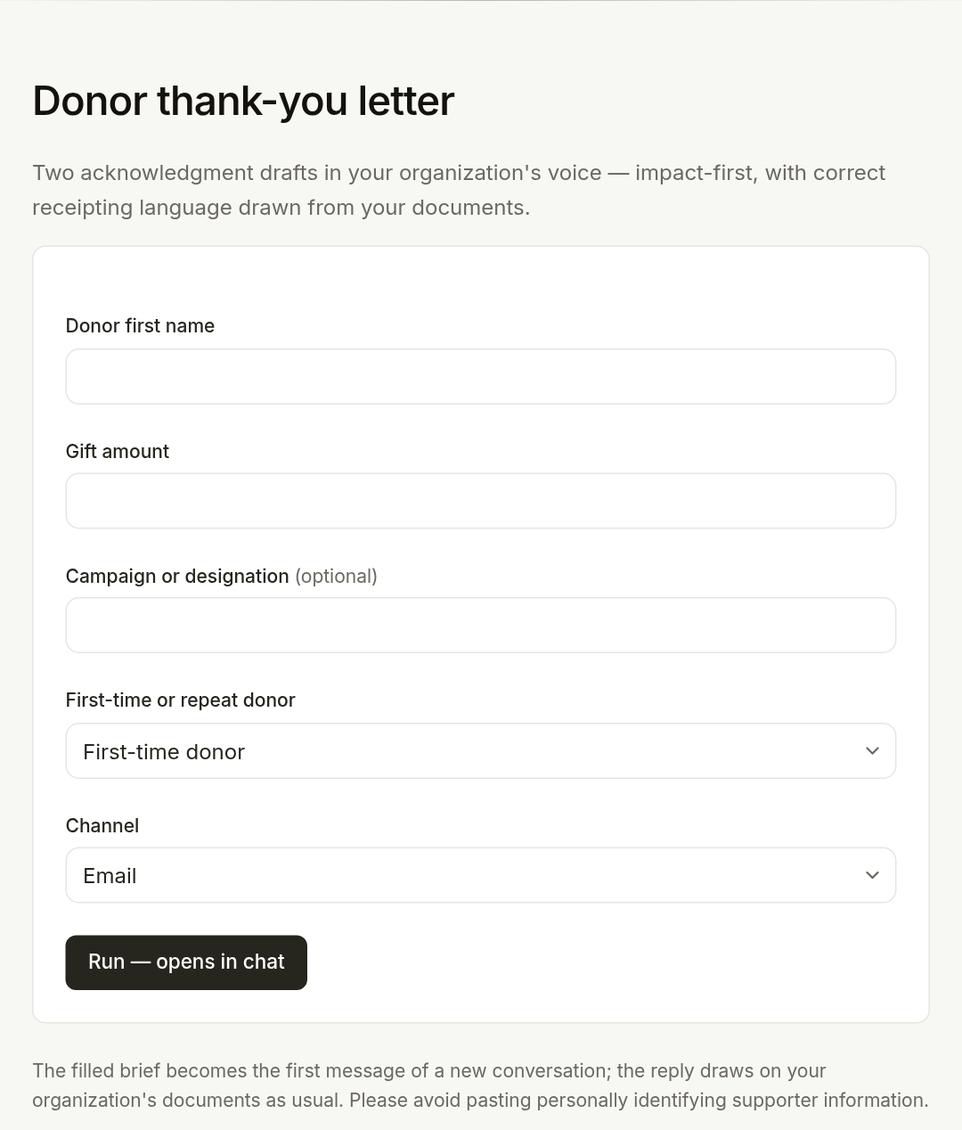 A workflow run form for drafting a donor thank-you.